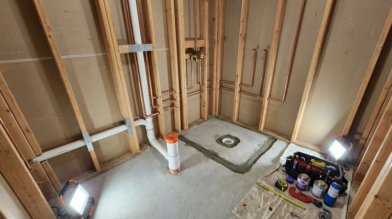 Bathroom rough-in plumbing during remodel by Johns Plumbing LLC in Noblesville
