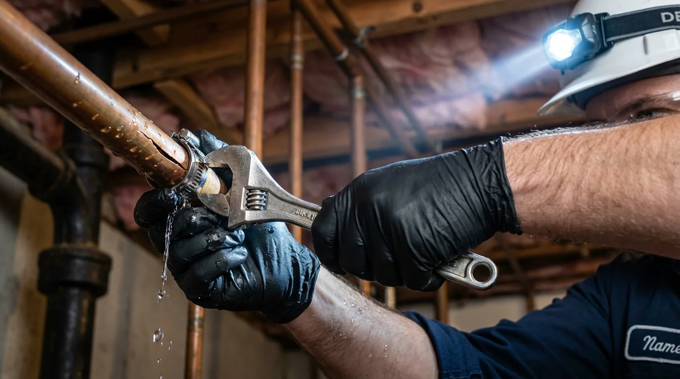 Emergency pipe clamp repair being performed by a Johns Plumbing LLC plumber in Noblesville