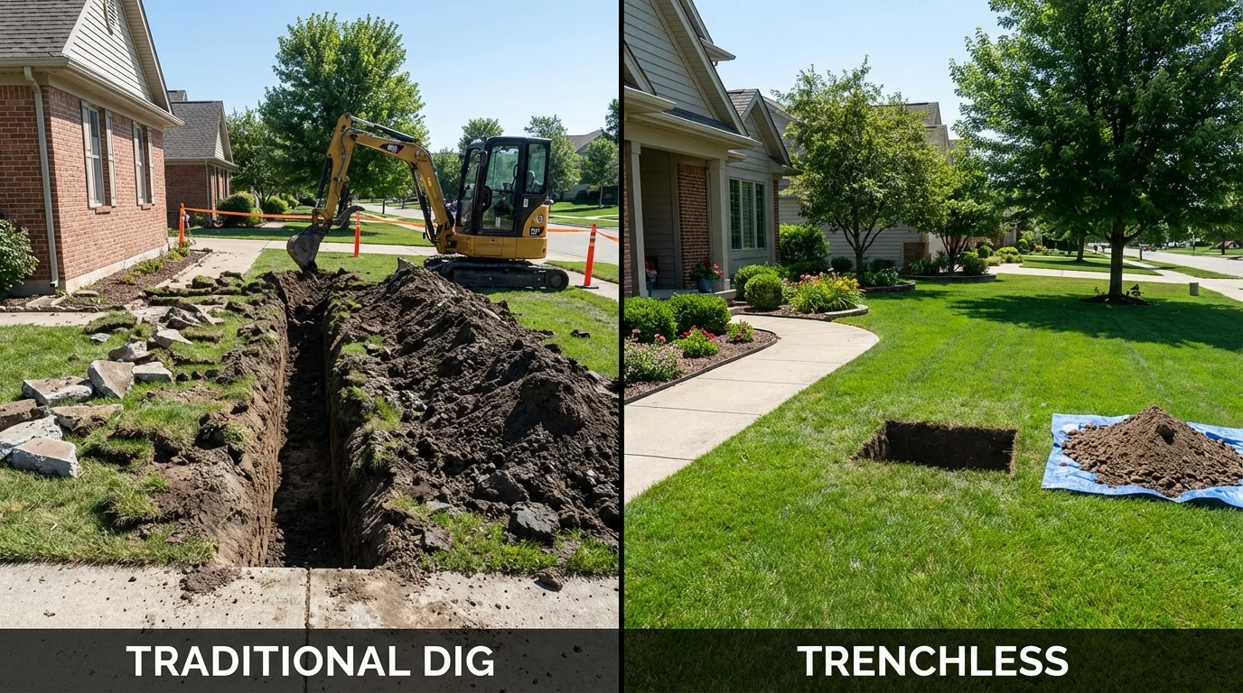 Trenchless sewer repair with minimal yard damage versus traditional excavation in Noblesville, IN