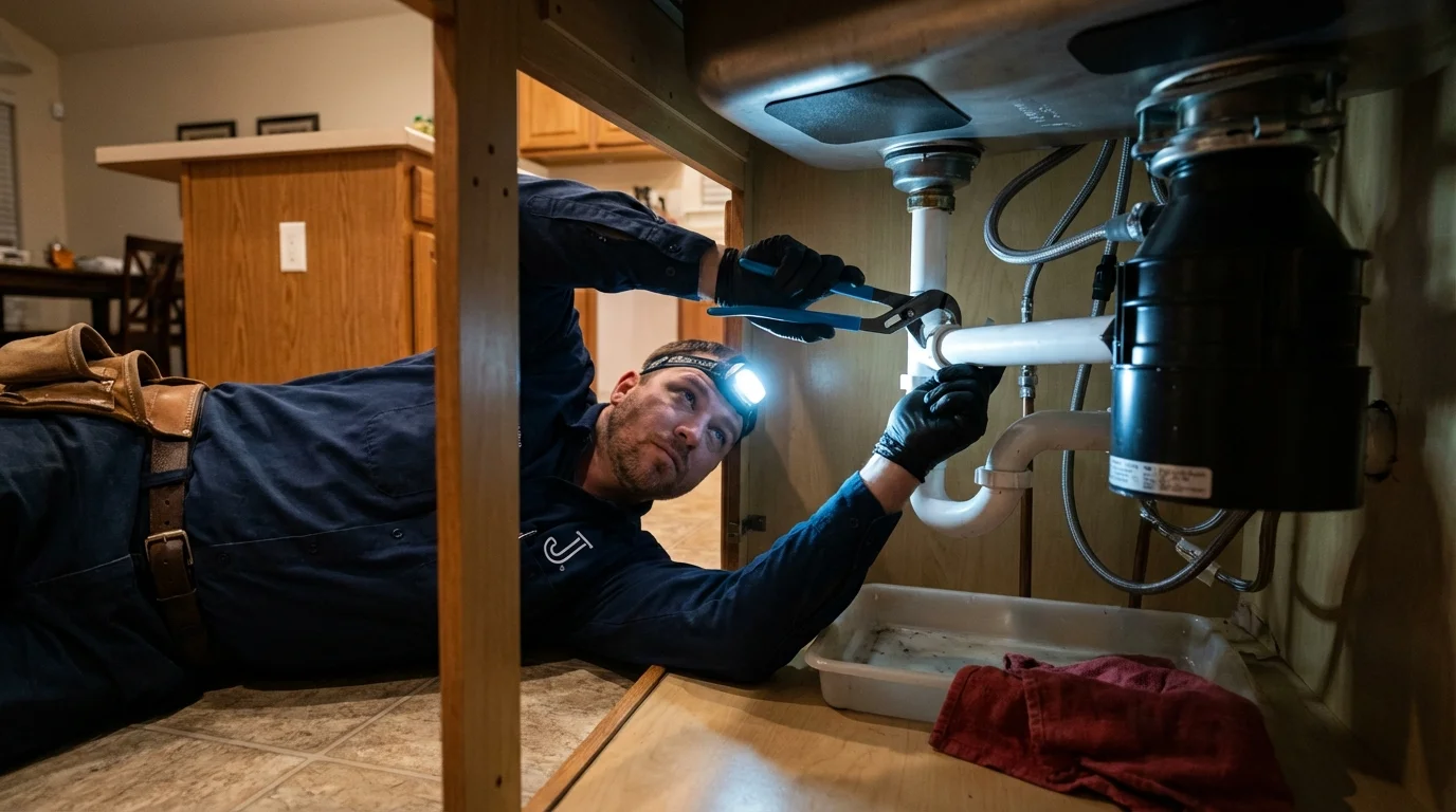 P-trap and supply line connections under a kitchen sink showing a common leak point in Noblesville, IN